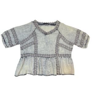 Blue Velvet Acid Wash Peplum Top Women’s Large Cottagecore Boho Babydoll